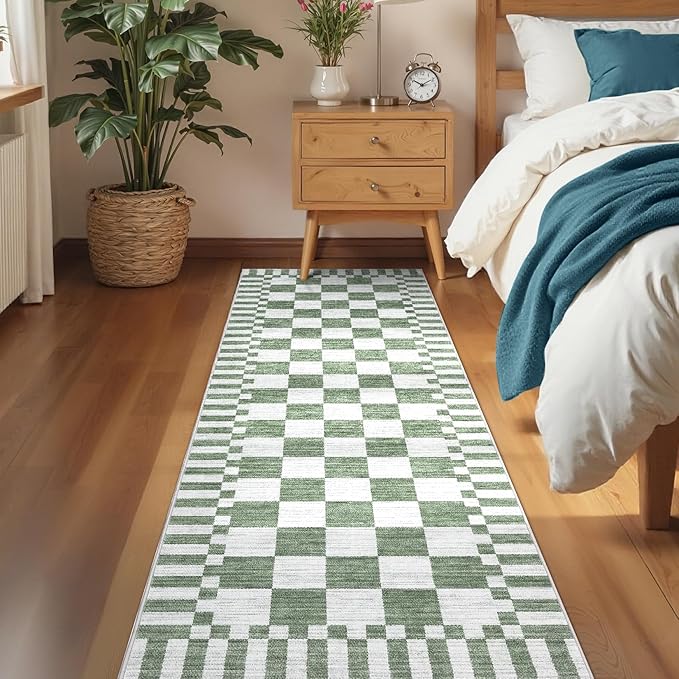 GarveeHome 2.5×8 Kitchen Runner Rug Non Slip, Sage Green Checkered Rug - Image 3