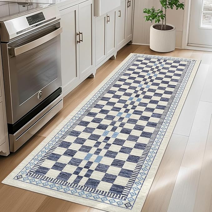 GarveeHome 2x8 Runner Rug for Kitchen Bathroom Modern Blue Checkered Long Rug by GarveeHome