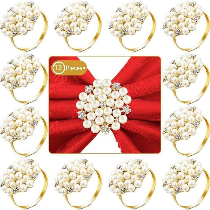 Hotop 24 Pcs Gold Napkin Rings Pearls and Flower Napkin Buckles Rhinestone by HOTOP