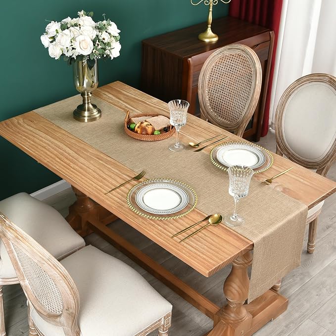 NEWISHER Farmhouse Rustic Faux Linen Solid Flaxen Table Runner 13x60inch | - Image 2