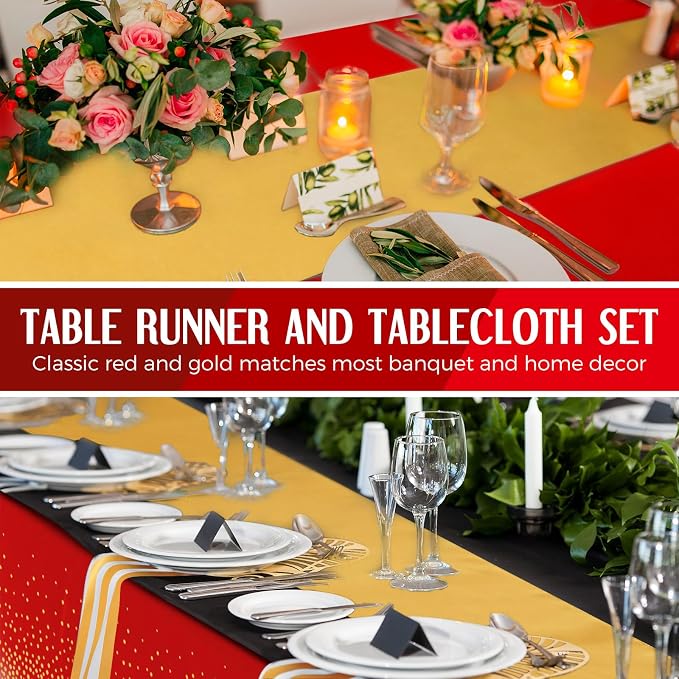8 Pack Red and Gold Disposable Plastic Tablecloths and Satin Table Runner Set - Image 5