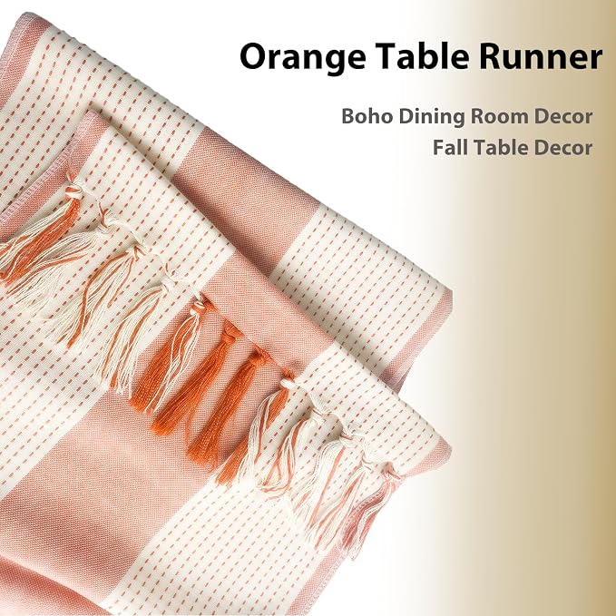 Orange Table Runner 48 Inches Long, Boho Farmhouse Seasonal Fall Thanksgiving - Image 3
