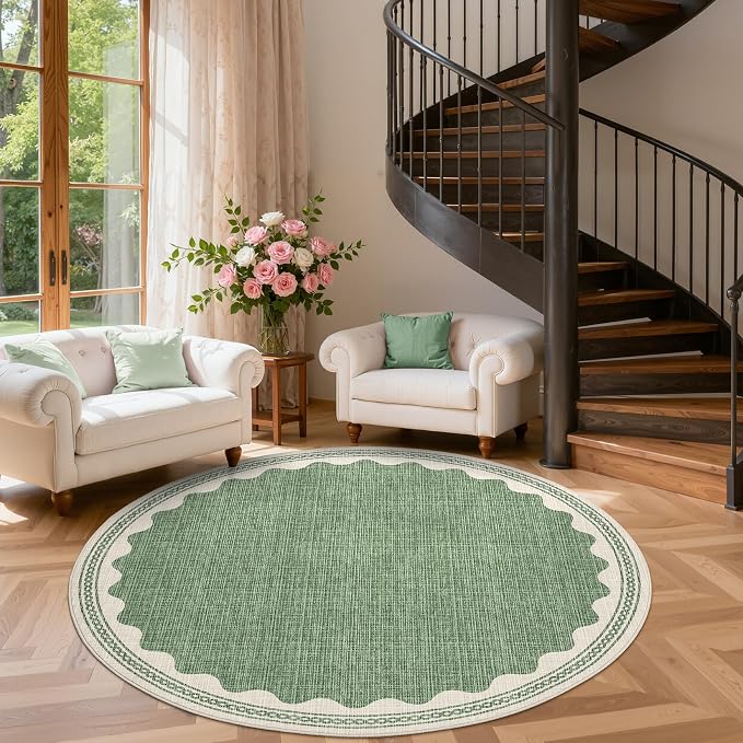 GarveeHome Scalloped Sage Green 4ft Round Rug Washable Non-Slip Soft Ultra-Thin - Image 3