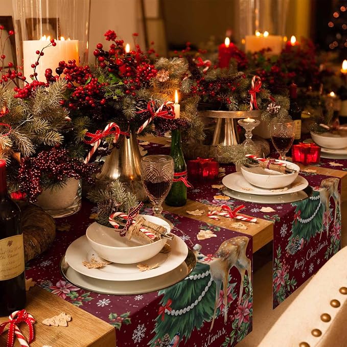 Christmas Reindeer Table Runners 72 Inches Long, Cotton Linen Fabric Red Table - Image 2