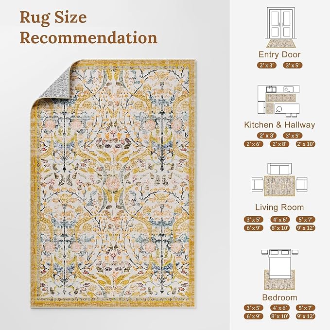 AMTOVO 9x12 Washable Area Rugs for Living Room, Non-Slip&Non-Shedding Floral - Image 7