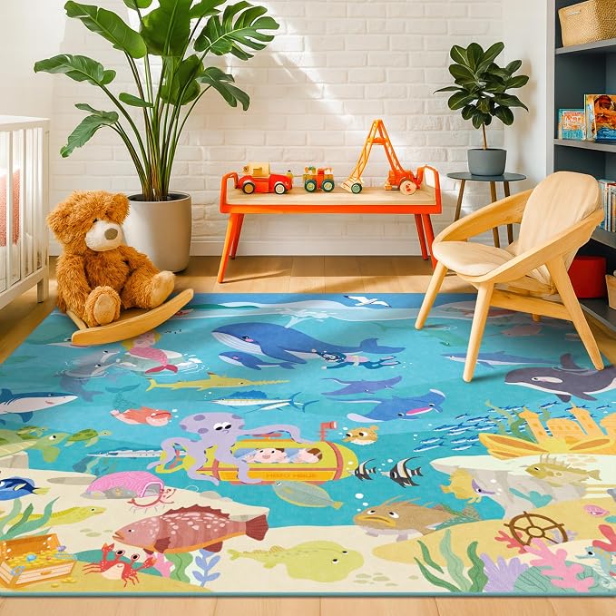 Blue Ocean Themed Rug for Kids Room – 5x8 Underwater Play Mat - Image 5