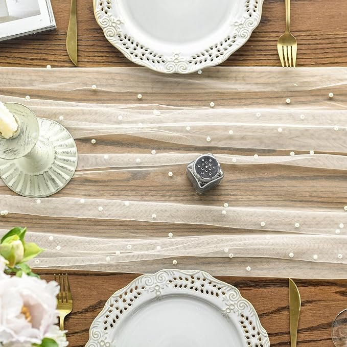 Artoid Mode Pearl Beige Gauze Table Runner 59x120 Inch, Seasonal Sheer Kitchen - Image 2