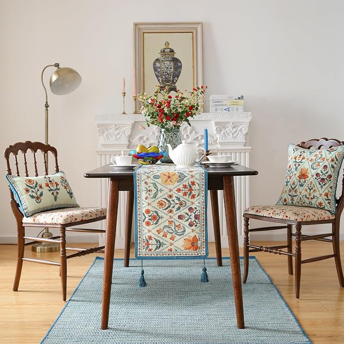 Designer French Linen Extra Long Table Runner, Colorful Floral Pattern - Image 3
