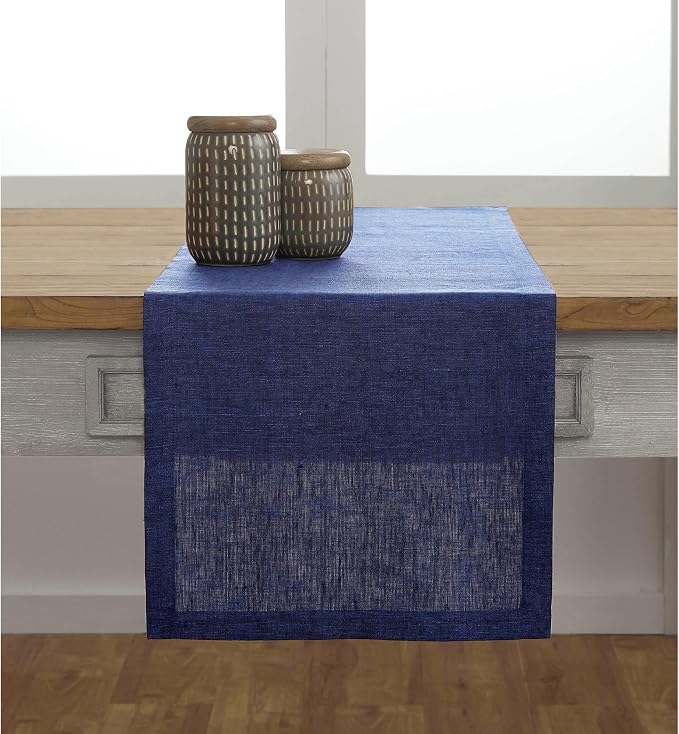 Solino Home 100% Pure Linen Dining Table Runner Navy, Athena 14 x 90 in | Table - Image 2