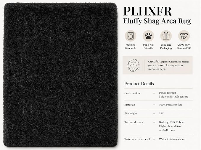 Area Rug for Living Room Bedroom: 4x6 Black Soft Fluffy Shag Upgrade Non-Slip - Image 4