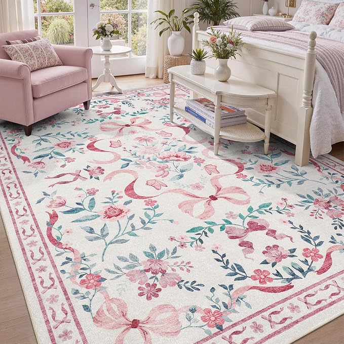 DCX Washable 9x12 Bow Rug, Cute Soft Low Pile Indoor Décor Carpet, Kid & Pet - Image 5