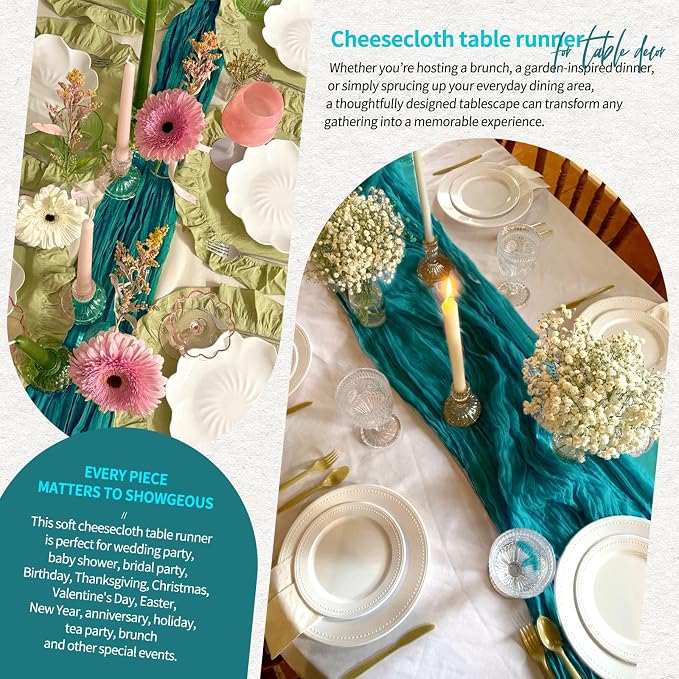 Showgeous 2 Pack Teal Cheesecloth Table Runners Boho Wedding Decor | Rustic - Image 8