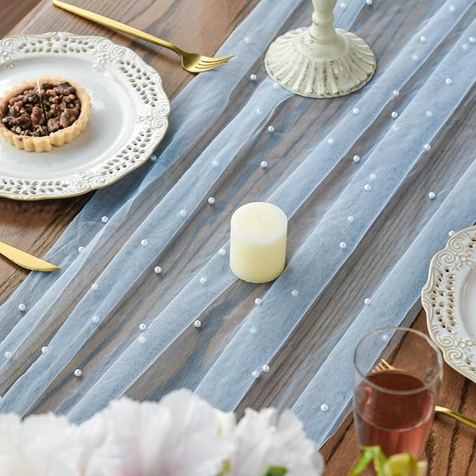 Artoid Mode Pearl Blue Gauze Table Runner 120 Inch 10FT, Seasonal Sheer Dining - Image 4