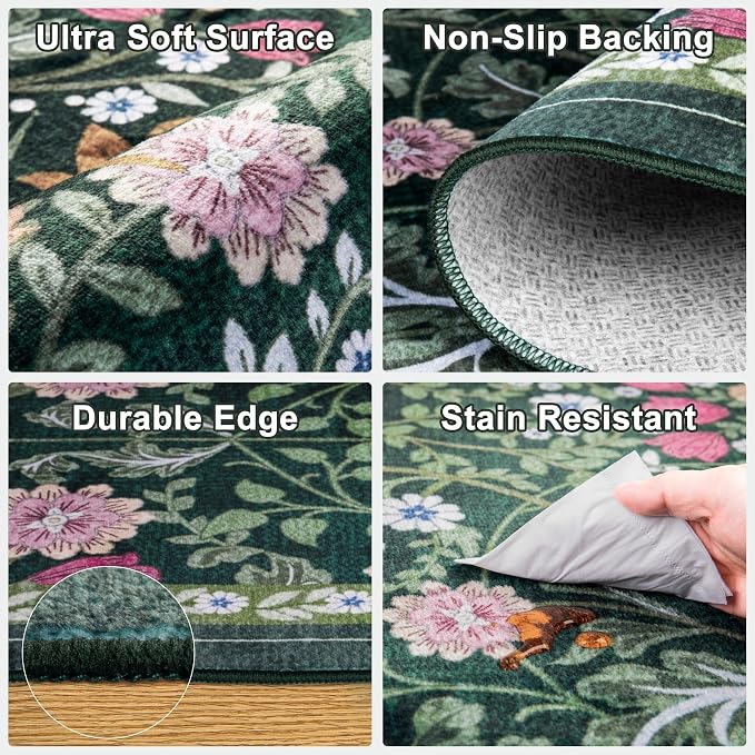 Round Area Rug for Living Room: 8 ft Floral Washable Circle Rug Soft Boho - Image 7