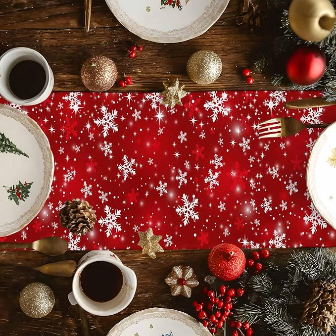 Red Christmas Table Runners 60 Inches Long, Cotton Linen Fabric Snowflake Table - Image 6