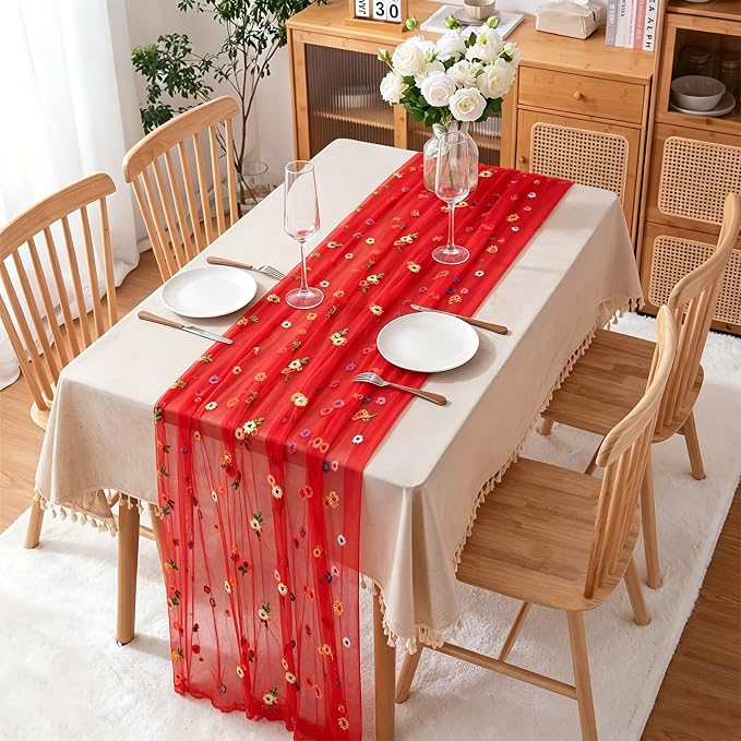 BINBE 6pcs Daisy Spring Table Runner Embroidery Gauze 10FT Florals Seasonal - Image 3
