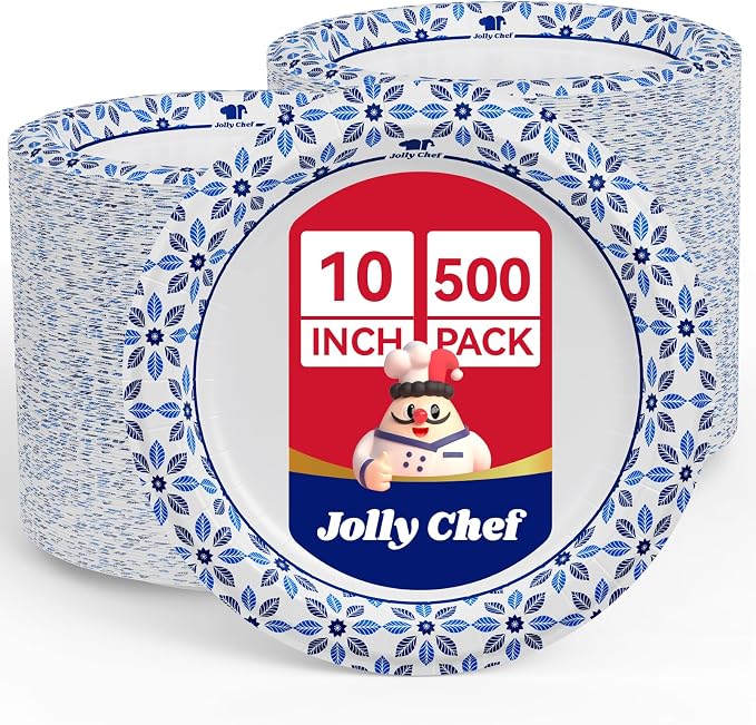 10 inch Disposable Paper Plates 500 Count | Soak Proof, Cut Proof, Heavy Duty by JOLLYCHEF