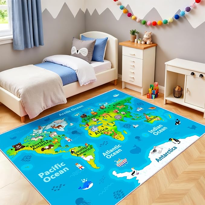 Kids Playroom Rug, 4x5ft World Map Play Mat - Image 9