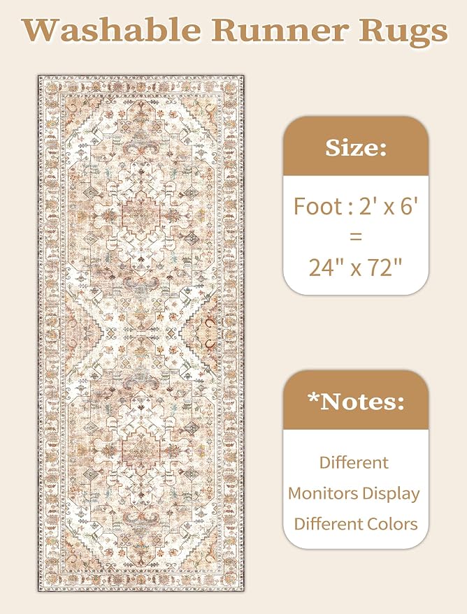 SERISSA Boho Washable Runner Rug, 2x6 Rug Non-Slip Vintage Peach Cream Hallway - Image 6