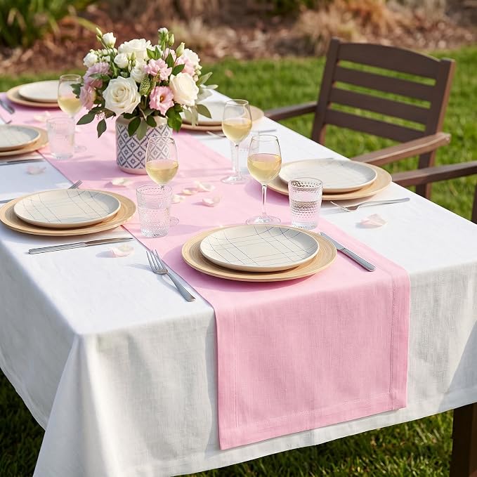 Solino Home 100% Pure Linen Table Runner Pink, Fete 14 x 144 Inch Long | Table - Image 2