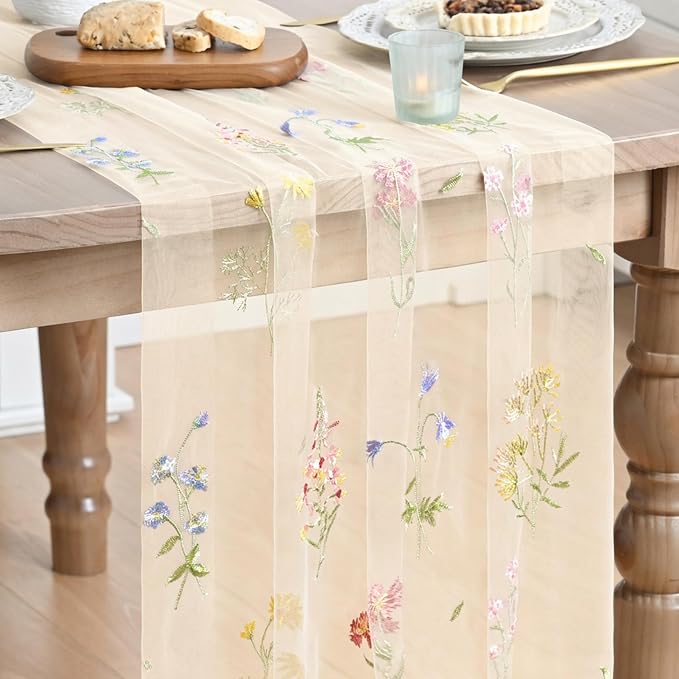 Artoid Mode Wildflower Floral Beige Apricot Gauze Embroidery Table Runner 120 by ArtoidMode