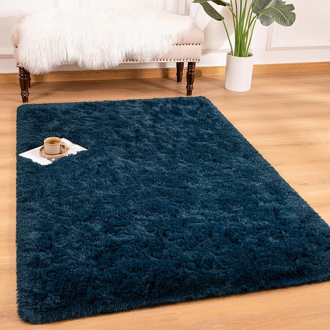 Andecor Shag Area Rug for Living Room, 4x6 Feet Navy Blue Soft Fluffy Indoor by Andecor
