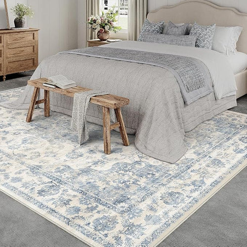 10x14 Neutral Area Rug Blue Vintage Living Room Bedroom Washable Carpet - Image 2