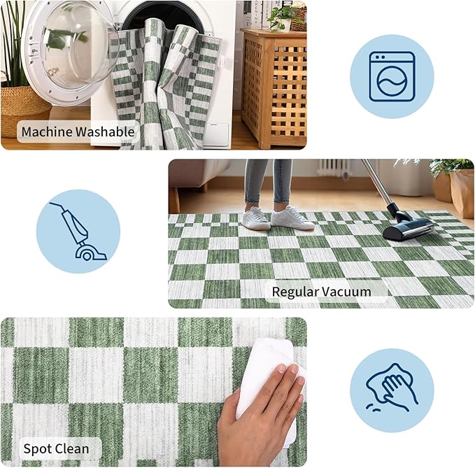 GarveeHome Sage Green Checkered Rug, Washable 3x5 Rug Non Slip - Image 7