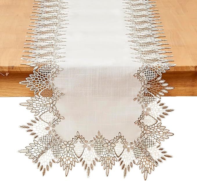 White Linen Table Runner 108” Lace Dining Table Runners | French Dresser Runners by Raedan
