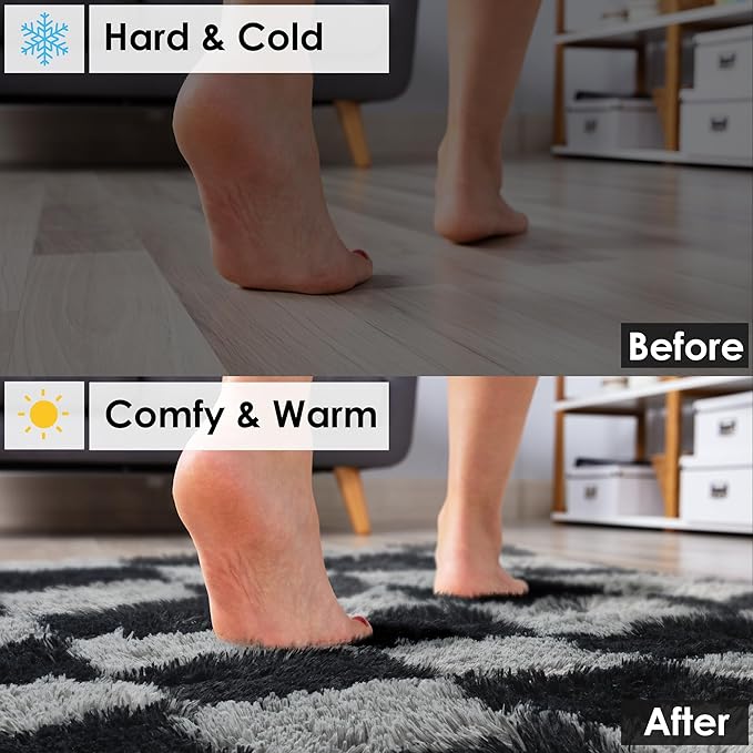 KICMOR Black and Grey Area Rug for Bedroom, 4x6 Fluffy Fuzzy Shag Checkered - Image 6