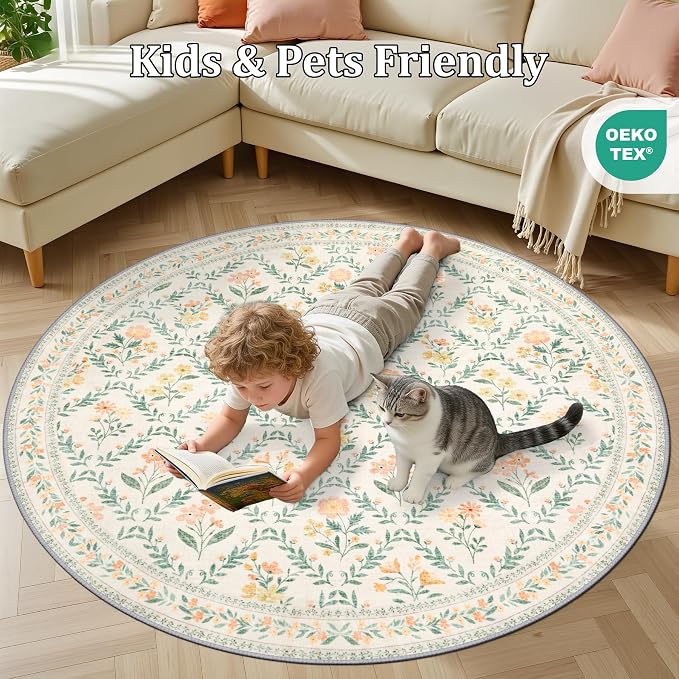 Round Area Rug for Living Room: 6 ft Floral Washable Circle Rug Soft Non-Slip - Image 8