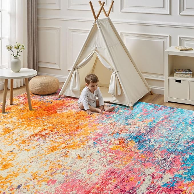 Rugflix 9x12 Area Rugs for Living Room, Washable Colorful Rainbow Rug - Image 8