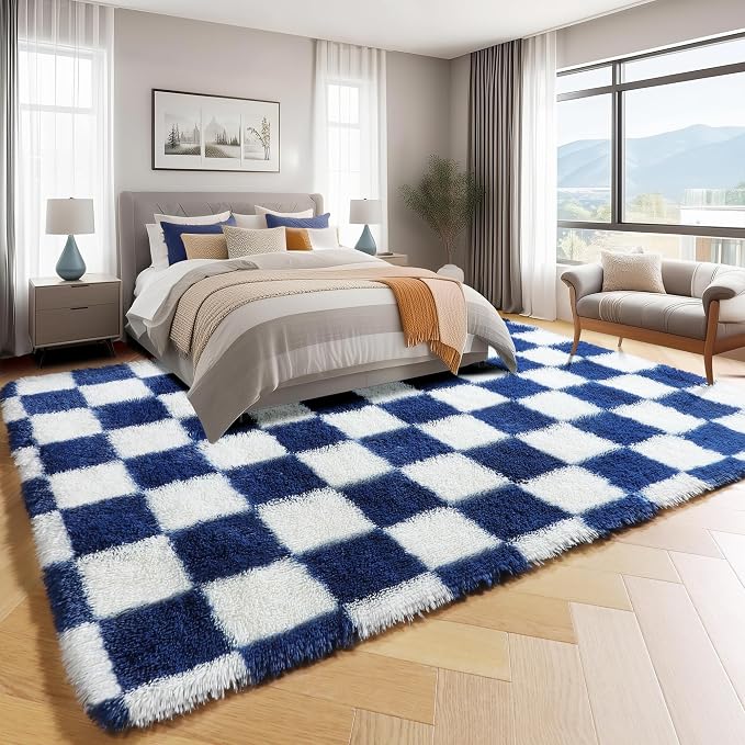 KICMOR Large Area Rug for Living Room 6x9, Big Fluffy Shag Fuzzy Navy Blue and - Image 3