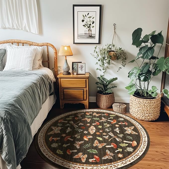 Mushroom Insect 3ft Round Rug Washable Non-Slip Soft Ultra-Thin Small Boho - Image 2