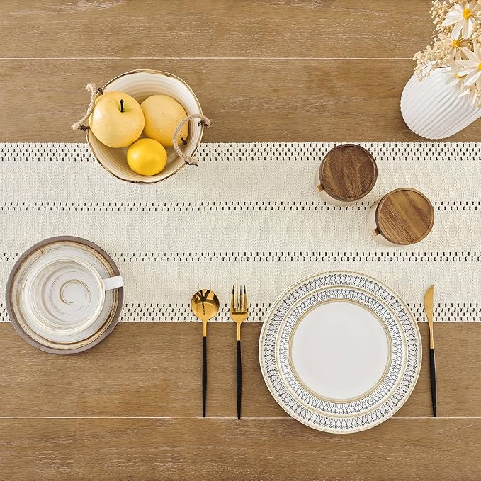 Macrame Style Boho Table Runner, 12x48 Inch Ivory | Woven Boho Table Runner - Image 4
