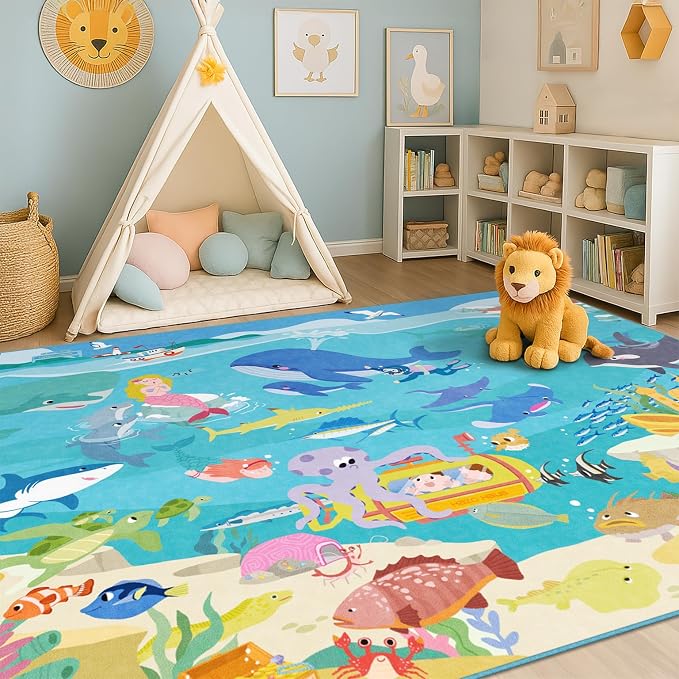 5x7 Ocean Rug for Kids Room – Large Play Mat by HazoHaus