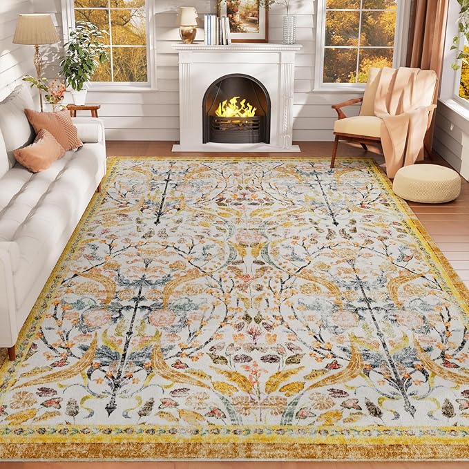 AMTOVO 9x12 Washable Area Rugs for Living Room, Non-Slip&Non-Shedding Floral by AMTOVO