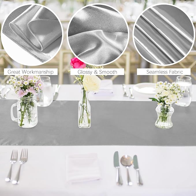 Aneco 16 Pack Satin Table Runner 12 x 108 Inch Silver Long Wedding Satin Silk - Image 3