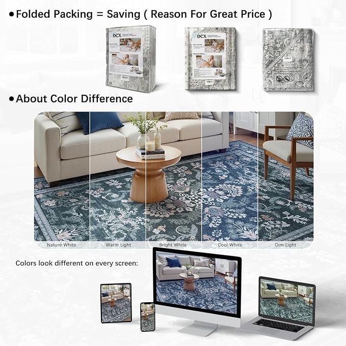 DCX Navy Blue 5x7 Area Rug, Machine Washable Non Slip Stain Resistant Soft - Image 3