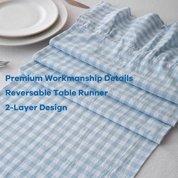 Light Blue White Plaid Gingham Ruffle Table Runner 90 inches Long 100% Washed - Image 5