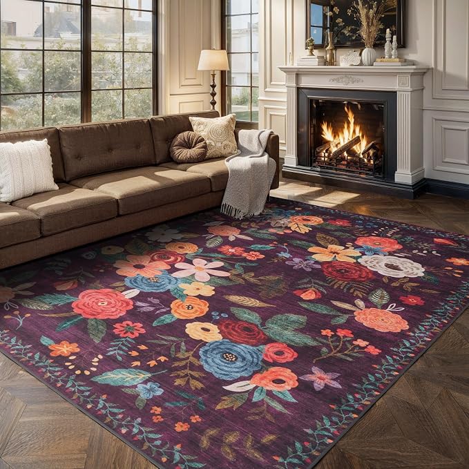 Area Rugs 9x12 Living Room Washable Rug Non Slip Floral Low Pile Large Rug - Image 6