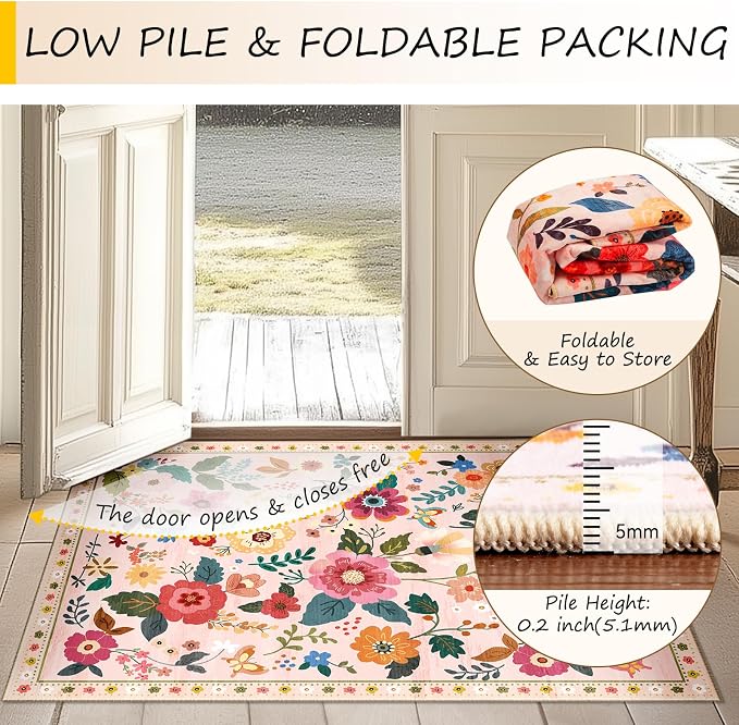 RELEANY Floral 8ft Area Rugs Washable Print Boho Cute Carpet Non Slip Flower - Image 4