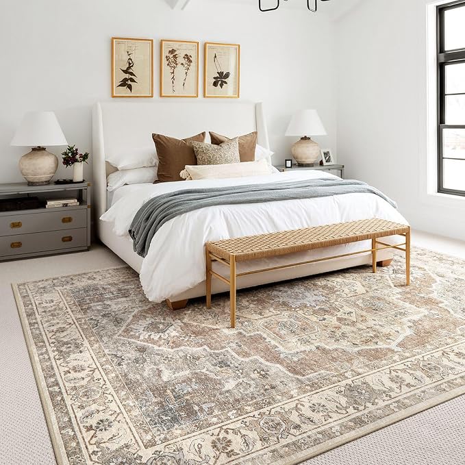 6x9 Washable Area Rug: Vintage Neutral Soft Non Slip Thin Large Floor Carpet - Image 3