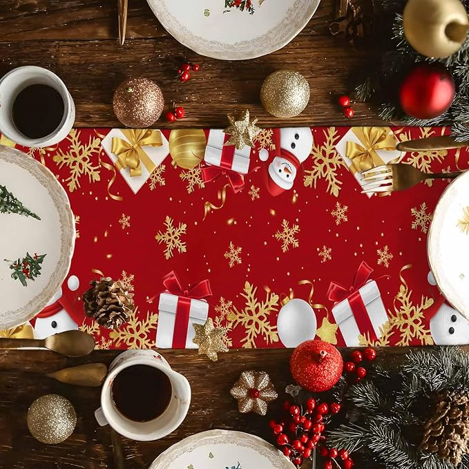 Merry Christmas Table Runner 90 Inches Long, Xmas Balls Snowman Snowflake Table - Image 4