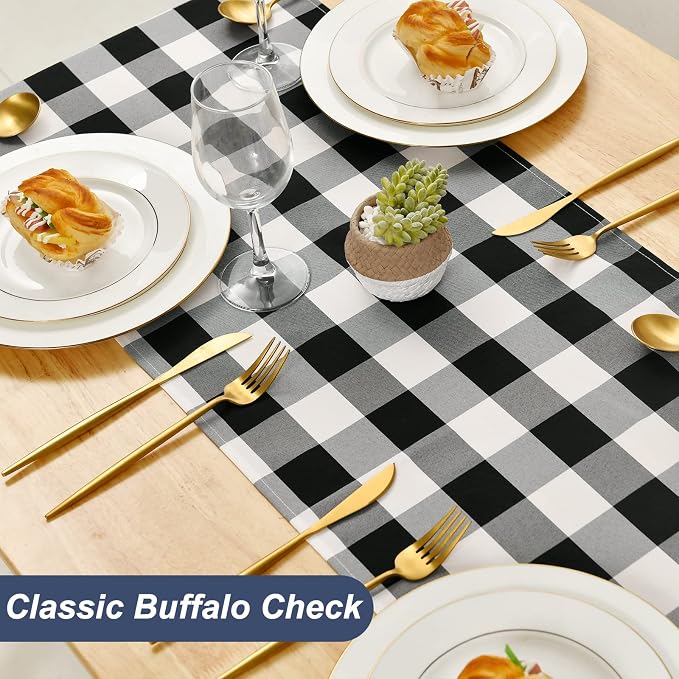 Buffalo Plaid Table Runner Black and White 14W x 48L, 1 Piece | Waterproof - Image 2