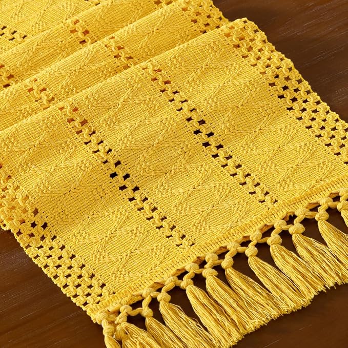 DeZerlor Yellow Boho Macrame Farmhouse Woven Table Runner 108Inch | Cotton - Image 2