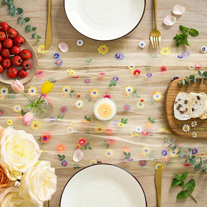 Artoid Mode Champagne Embroidery Daisy Gauze Table Runner 59x120 Inch 10FT | - Image 3