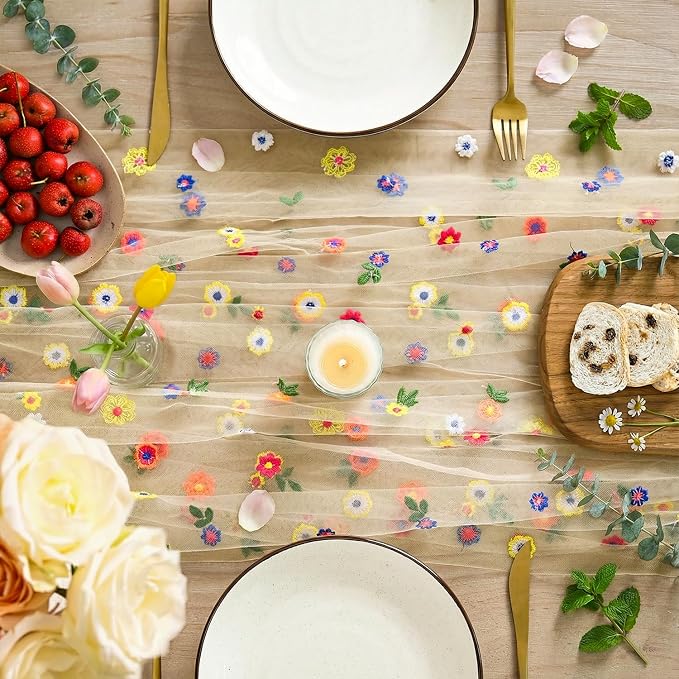 Artoid Mode 3PCS Champagne Embroidery Daisy Gauze Table Runner 120Inch 10FT | - Image 2