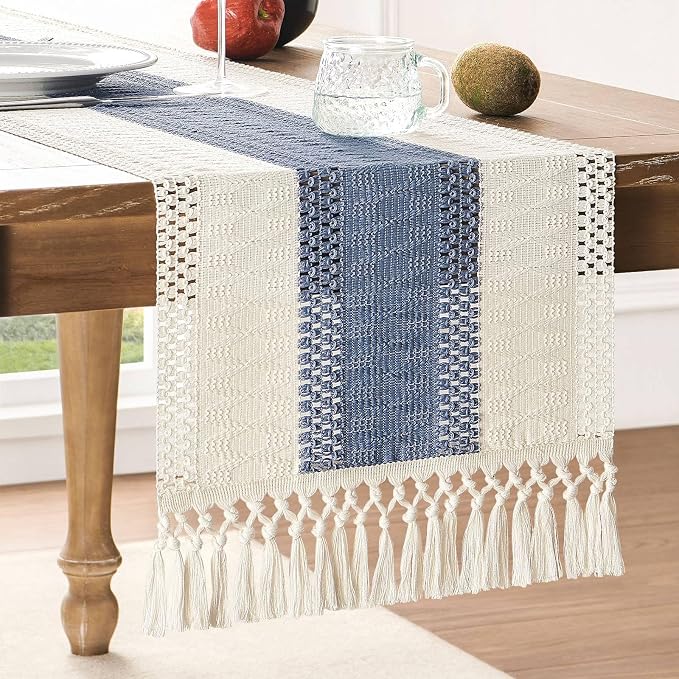 Macrame Style Bicolor Stitching Table Runner 14x72in Blue | Woven Boho Table by ZEEMARTONLINE