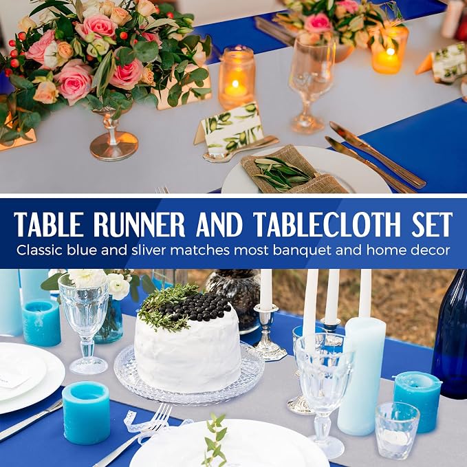 8 Pack Navy Blue and Silver Disposable Plastic Tablecloths and Satin Table - Image 5